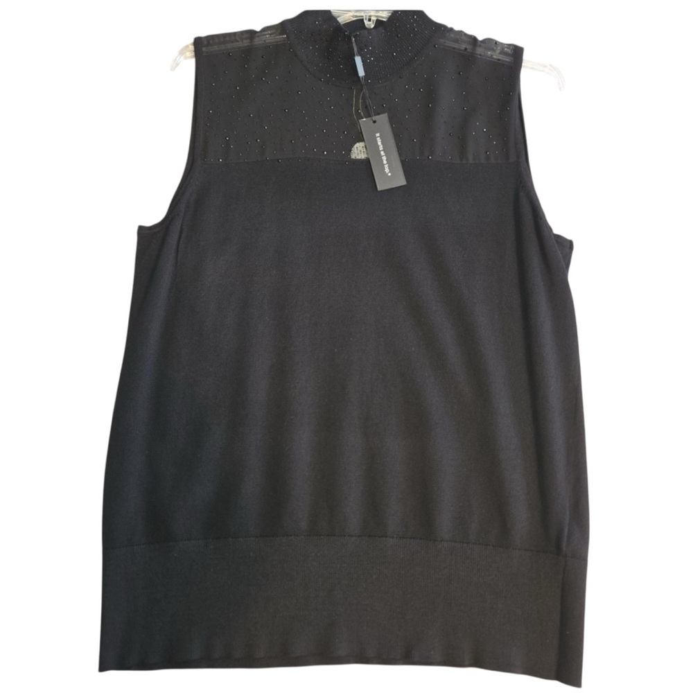 Cable & Gauge Rhinestone Embellished Black Sleeveless partially Sheer Top M EUC
